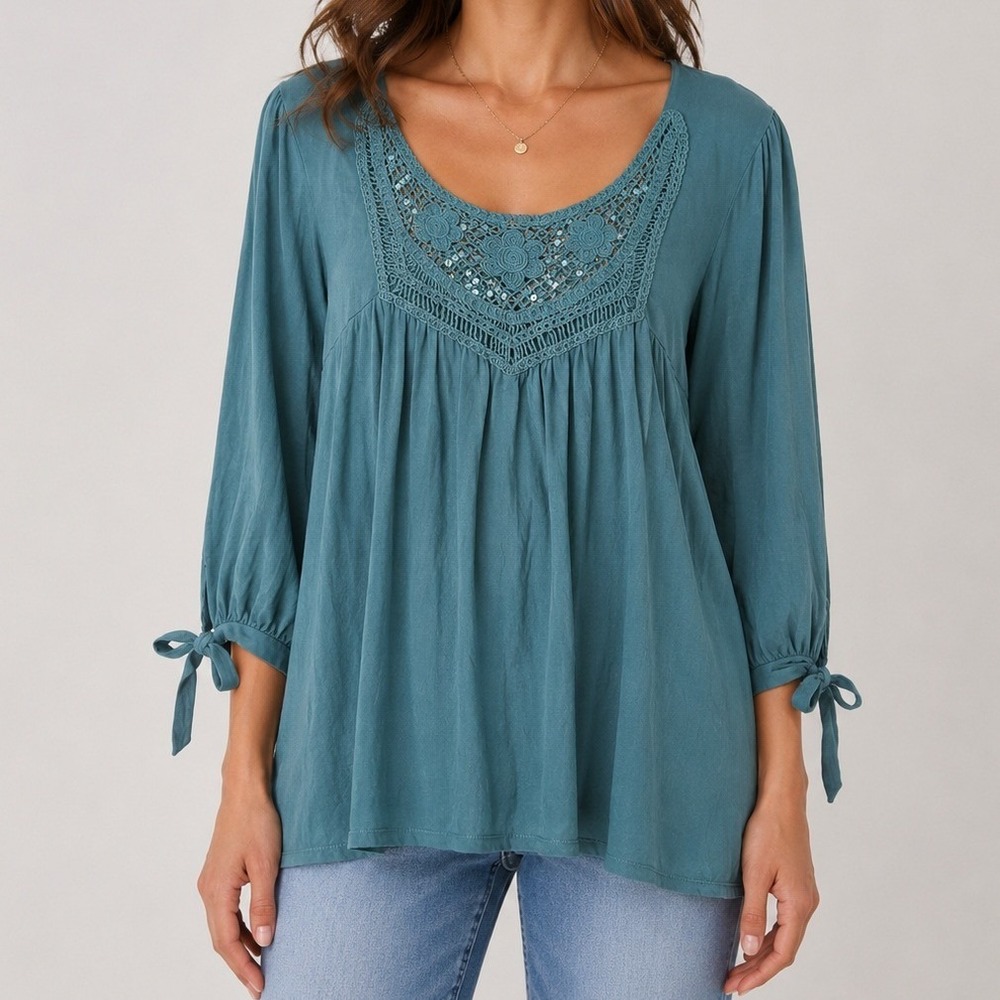 One World Teal Babydoll Top Crochet Sequin Yoke Tie Sleeves Size Large